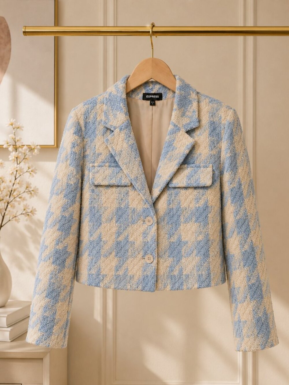 Express Blue Beige Houndstooth Tweed Cropped Blazer Size S